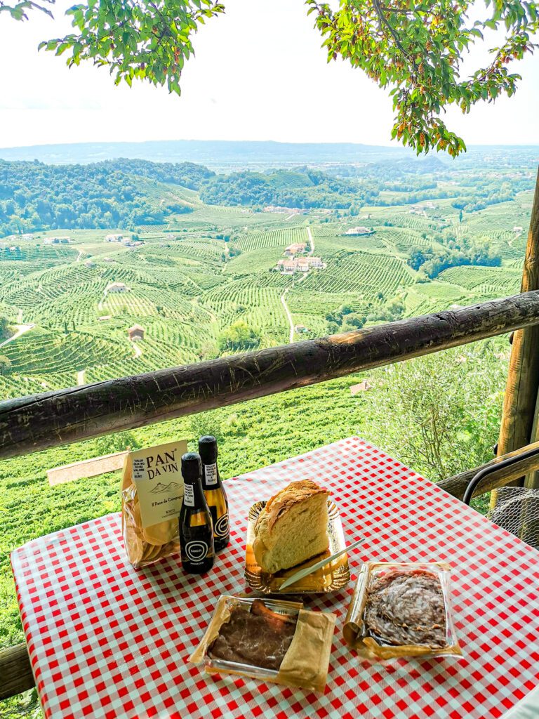 Osteria senz'oste: tavola a scacchi rossi e bianchi, pane, salumi, prosecco, vigneti