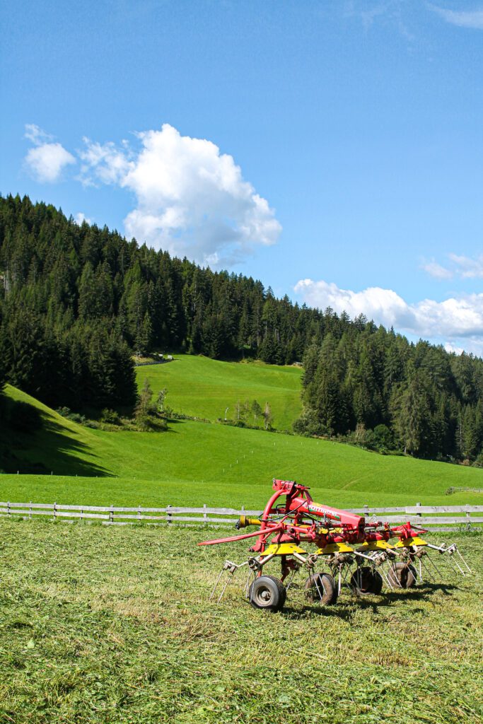 prato verde, cielo azzurro, aratro nel campo