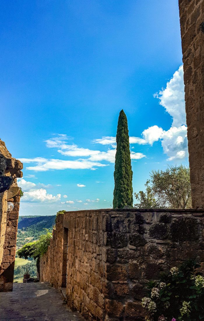 Civita di Bagnoregio, Lazio cielo azzurro, casa di mattoni, albero