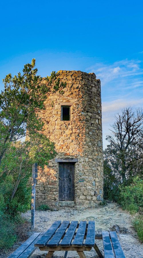 Trekking a Sestri Levante: cielo azzurro, torre, alberi e arbusti